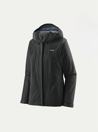 Black rain jacket with a visible brand logo on a light gray background